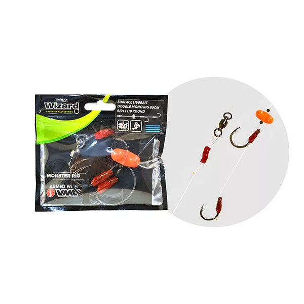 Wizard Monster Površinska vaba Dvojna mono predvrvica 7/0+9/0 Classic 80cm Dvojna kavelj monofilamentna predvrvica