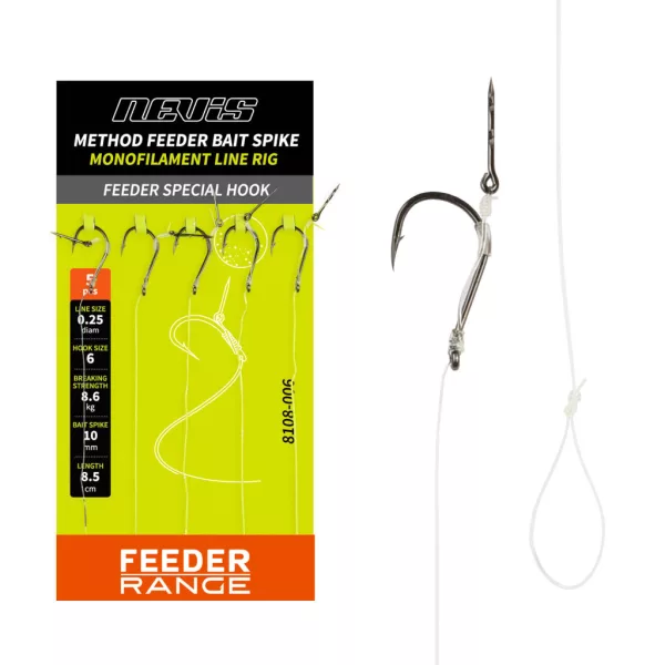 Nevis Feeder 10 Füles, Szakállas Monofil Előkötött Horog Csalitüskével 5db