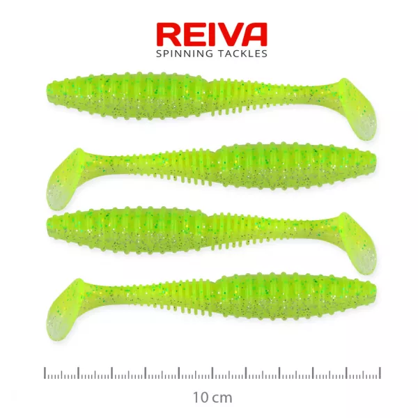Reiva Zander Power Shad 10cm 7,05gr 4db/cs (Fluo Zeleni bleščice I.) Plastična vaba