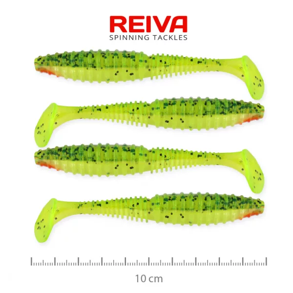 Reiva Zander Power Shad 10cm 7,05gr 4db/cs (Zeleno-Oranžni bleščice) Plastična vaba