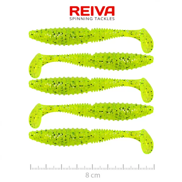 Reiva Zander Power Shad 8cm 3,18gr 5db/cs (Fluo Zeleni bleščice II.) Plastična vaba