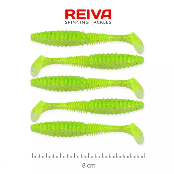 Reiva Zander Power Shad 8cm 3,18gr 5db/cs (Fluo Zeleni bleščice I.) Plastična vaba