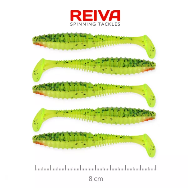 Reiva Zander Power Shad 8cm 3,18gr 5db/cs (Zeleno-Oranžni bleščice) Plastična vaba