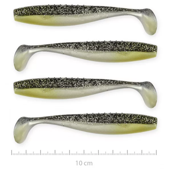 Reiva Flat Minnow Shad 10cm 4kos/pak (Črno-Srebrni Bleščice) gumijasta vaba