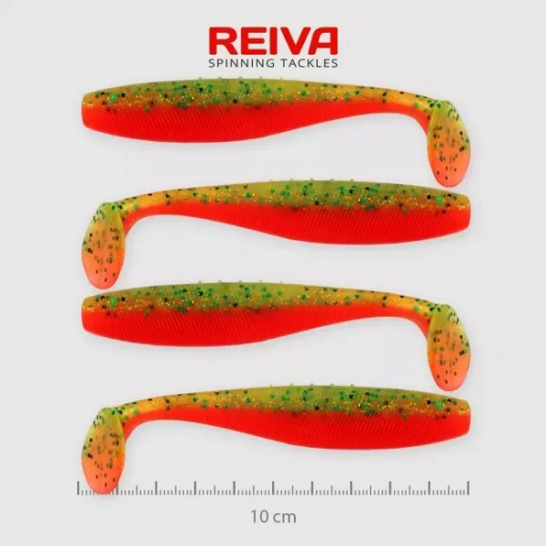 Reiva Flat Minnow Shad 10cm 4kos/pak (Zeleno-Oranžni Bleščice) gumijasta vaba