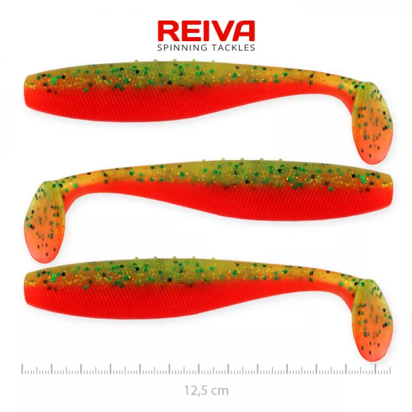 Reiva Flat Minnow shad 12,5cm 3kos/pak (Zeleno-Oranžne bleščice) Plastična vaba