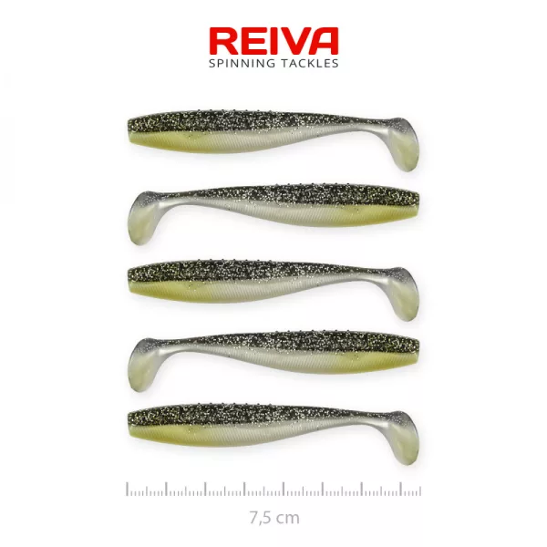 Reiva Flat Minnow shad 7,5cm 5kos/pak (Črno-Srebrne bleščice) Plastična vaba