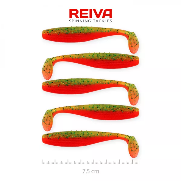 Reiva Flat Minnow shad 7,5cm 5kos/pak (Zeleno-Oranžne bleščice) Plastična vaba