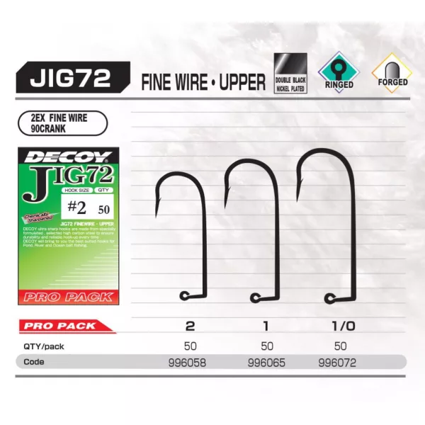 Decoy Pro Pack Jig72 Upper Fine Wire #2 Füles Szakállas Egyágú Jig Horog 50db
