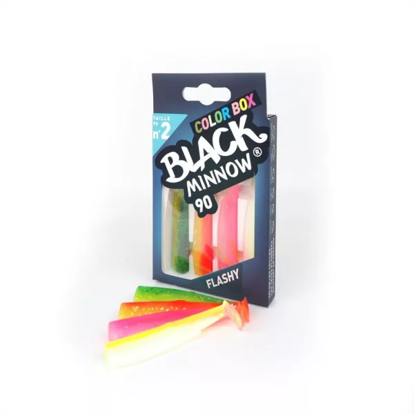 FIIISH 4 kosi 90 mm Black Minnow telo v živahnih barvah: Zelena/Oranžna - Oranžna/Rumena - Fluo Rumena - Plastična vaba