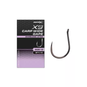   Matrix X9 Carp Wide Gape 12 Barbless Füles, Szakáll Nélküli Horog 10db