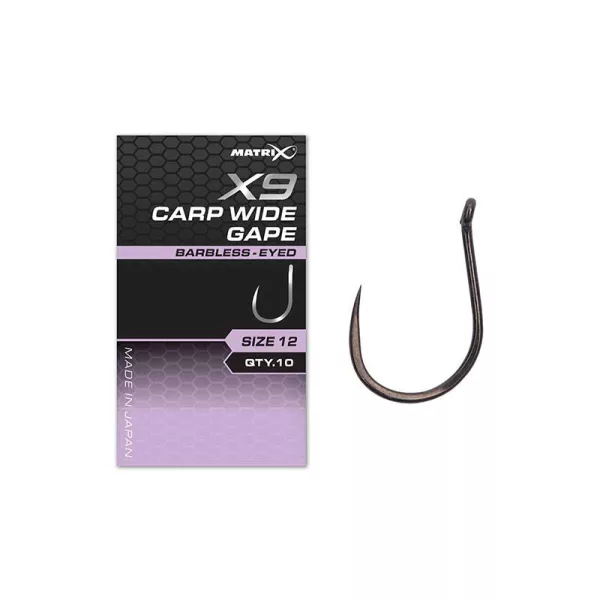 Matrix X9 Carp Wide Gape 10 Barbless Füles, Szakáll Nélküli Horog 10db