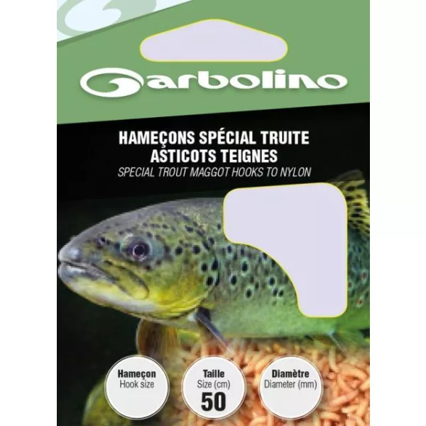 Garbolino Trout Maggot Hooks To Nylon 14 ploščatega tipa, bradati monofilni predvezani trnek 10 kosov
