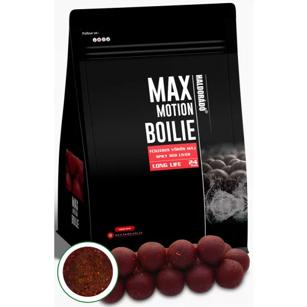 Haldorádó Max Motion Boilie Long Life Začinjena Rdeča Jetra 800gr 24mm Bojli