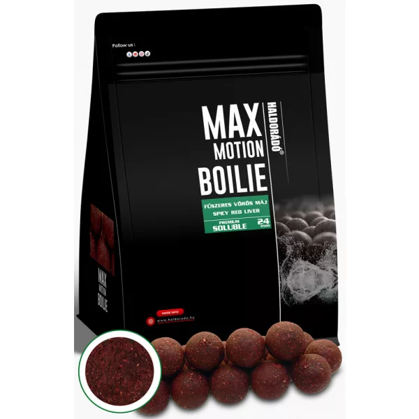 Haldorádó Max Motion Boilie Premium Topljiv Začinjena Rdeča Jetra 800gr 24mm Bojli