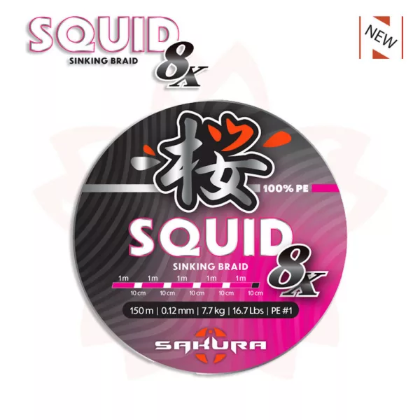 Sakura - SQUID 8 PINK 150M - PE 2 / 0.20 mm / 14,2 Kg - 31.2Lbs - Glavna vrvica - Pletena vrvica