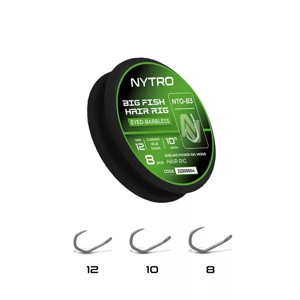 Nytro NTO-B3 Big Fish 10 0,28mm 25cm Előkötött Füles, Szakáll Nélküli Hajszálelőkés Horog 8db